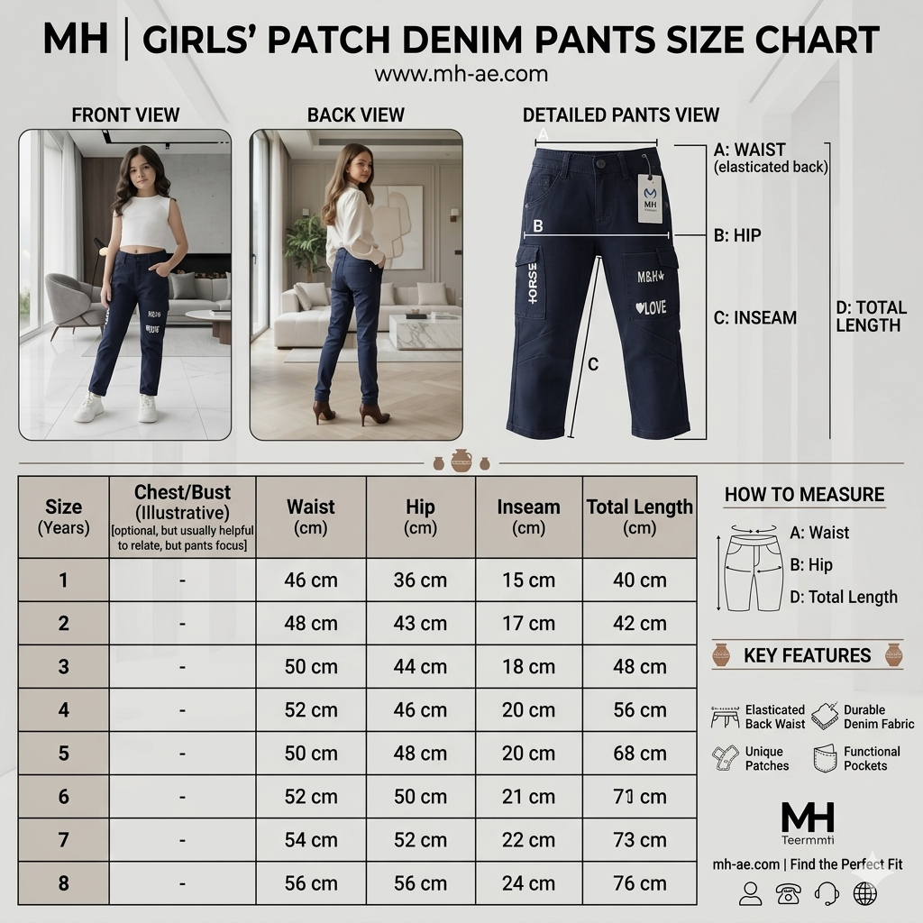 Girls Cargo Pants Navy Blue for Kids 1-8 Years - Trendy Cargo Trousers with Pockets & Patches | MH