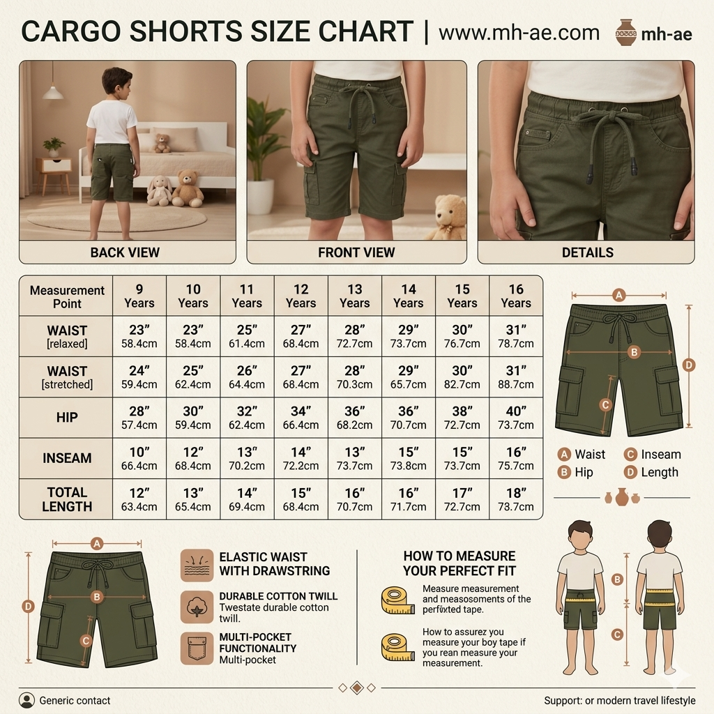 Teen Boys Cargo Shorts Olive Green 9-16 Years - Multiple Pockets Casual Shorts | MH
