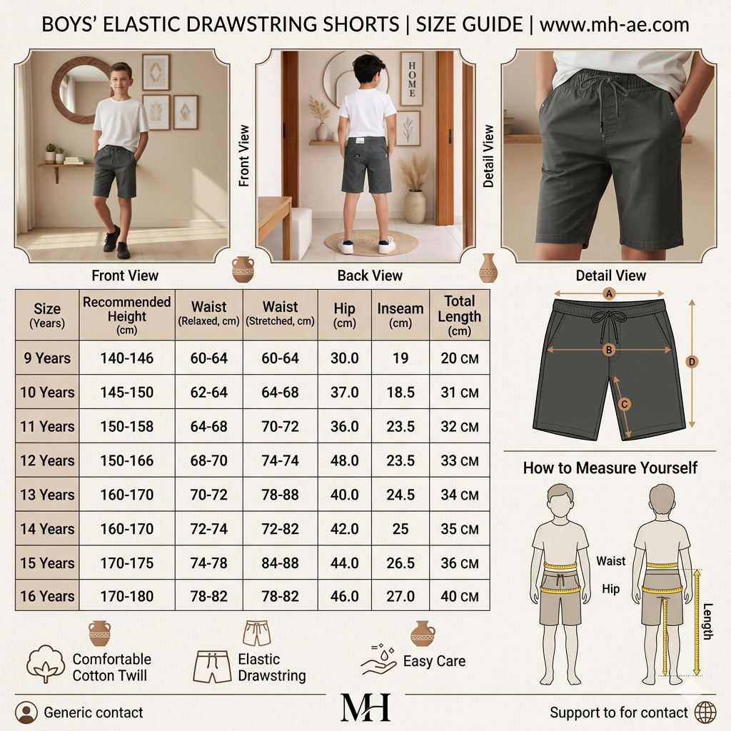 Teen Boys Grey Shorts 9-16 Years | Comfortable Casual Cotton Shorts with Drawstring Waist | MH