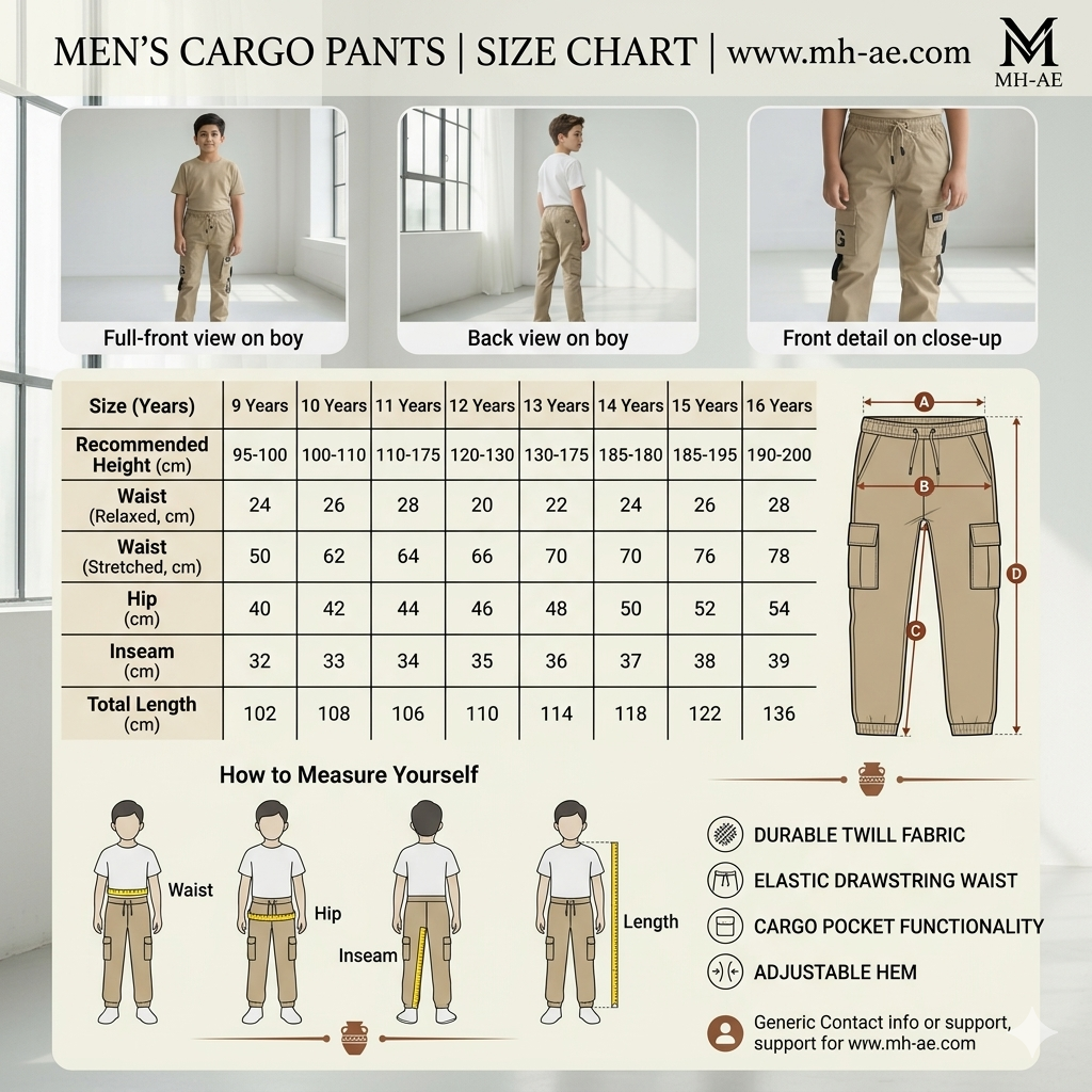 Big Boys Khaki Cargo Pants 9-16 Years - Comfortable Everyday Cargo Trousers | MH