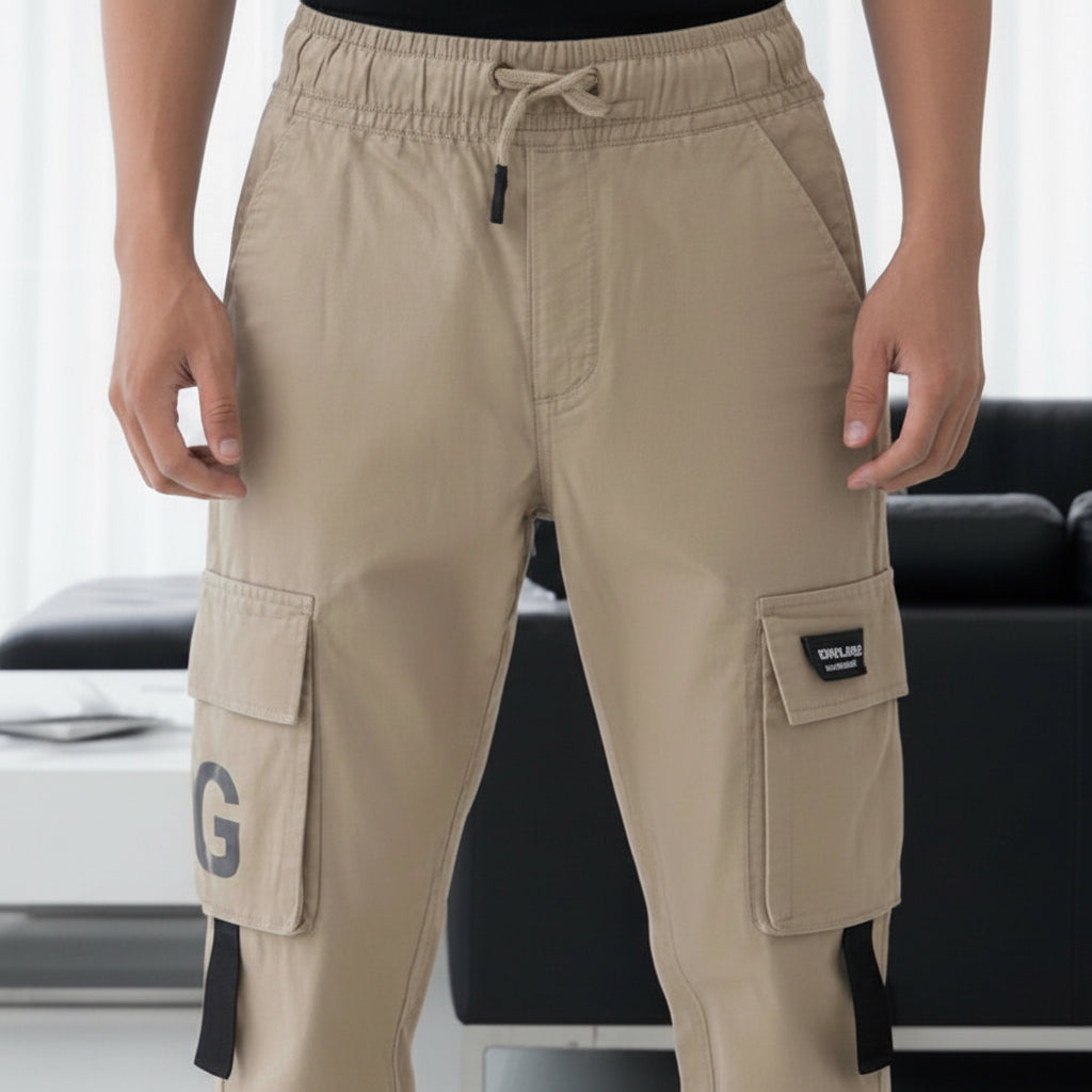 Young Men’s Khaki Cargo Joggers 17-24 Years | Stylish Multiple Pockets Jogger Pants with “G” Patch | MH