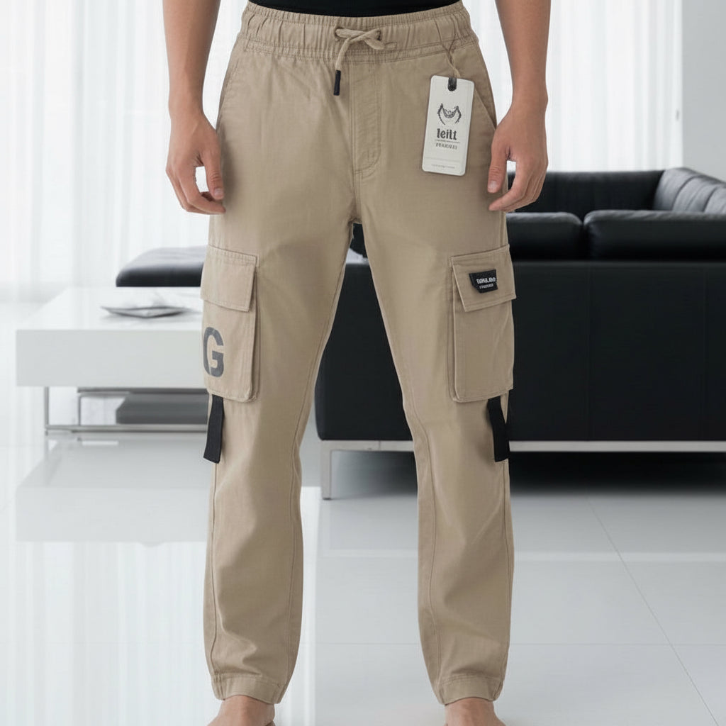 Young Men’s Khaki Cargo Joggers 17-24 Years | Stylish Multiple Pockets Jogger Pants with “G” Patch | MH