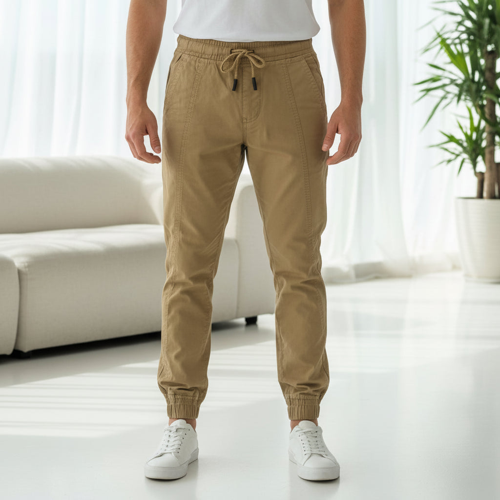 Men’s Beige Casual Jogger Pants 17-24 Years - Comfortable Drawstring Trousers with Pockets | MH