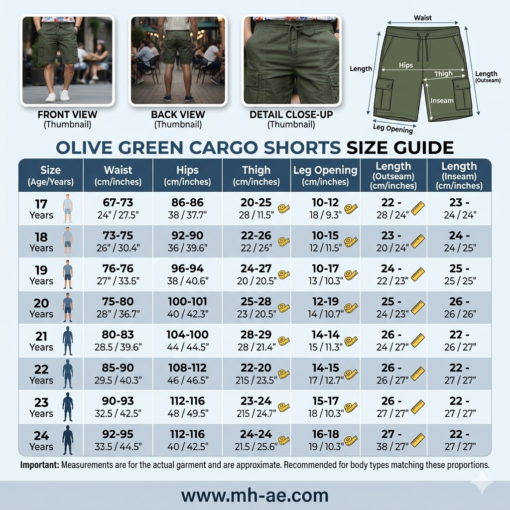 Young Men’s Olive Cargo Shorts 17-24 Years | Stylish Multiple Pockets Casual Shorts | MH