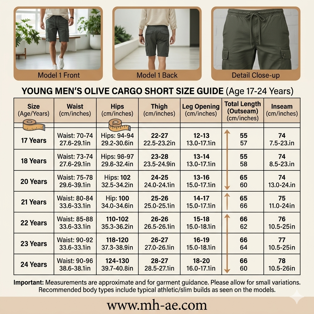 Men’s Olive Green Cargo Shorts 17-24 Years - Casual Drawstring Summer Shorts with Pockets | MH