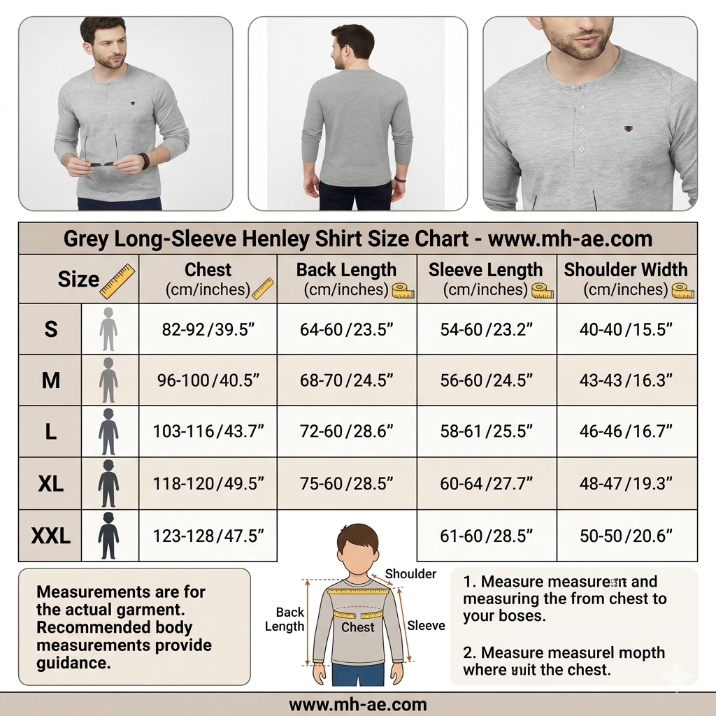 Men’s Grey Henley Long Sleeve Top S to XXL | Soft Casual Button Shirt with Small Chest Logo | MH