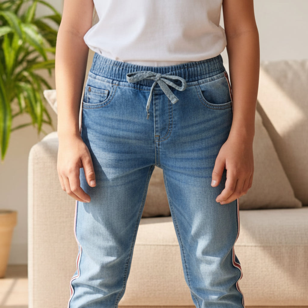 Children’s Light Blue Denim Jogger Jeans 7-12 Years - Relaxed Fit Jeans with Side Detail | MH