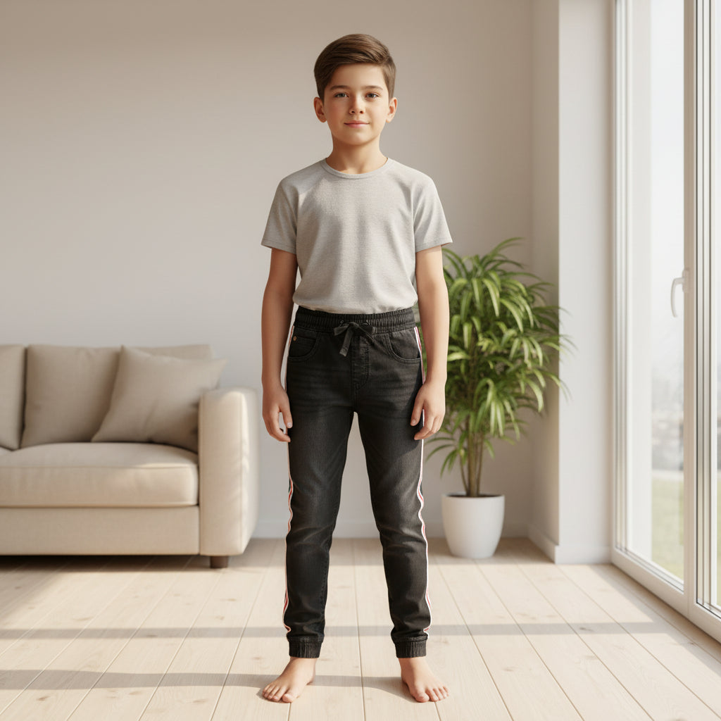 Boys Black Denim Jogger Jeans 7-12 Years - Casual Drawstring Denim Pants with Side Stripes | MH