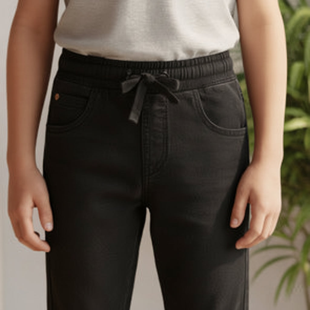 Boys Black Denim Jogger Jeans 7-12 Years - Casual Drawstring Denim Pants with Side Stripes | MH