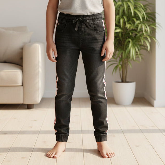 Boys Black Denim Jogger Jeans 7-12 Years - Casual Drawstring Denim Pants with Side Stripes | MH