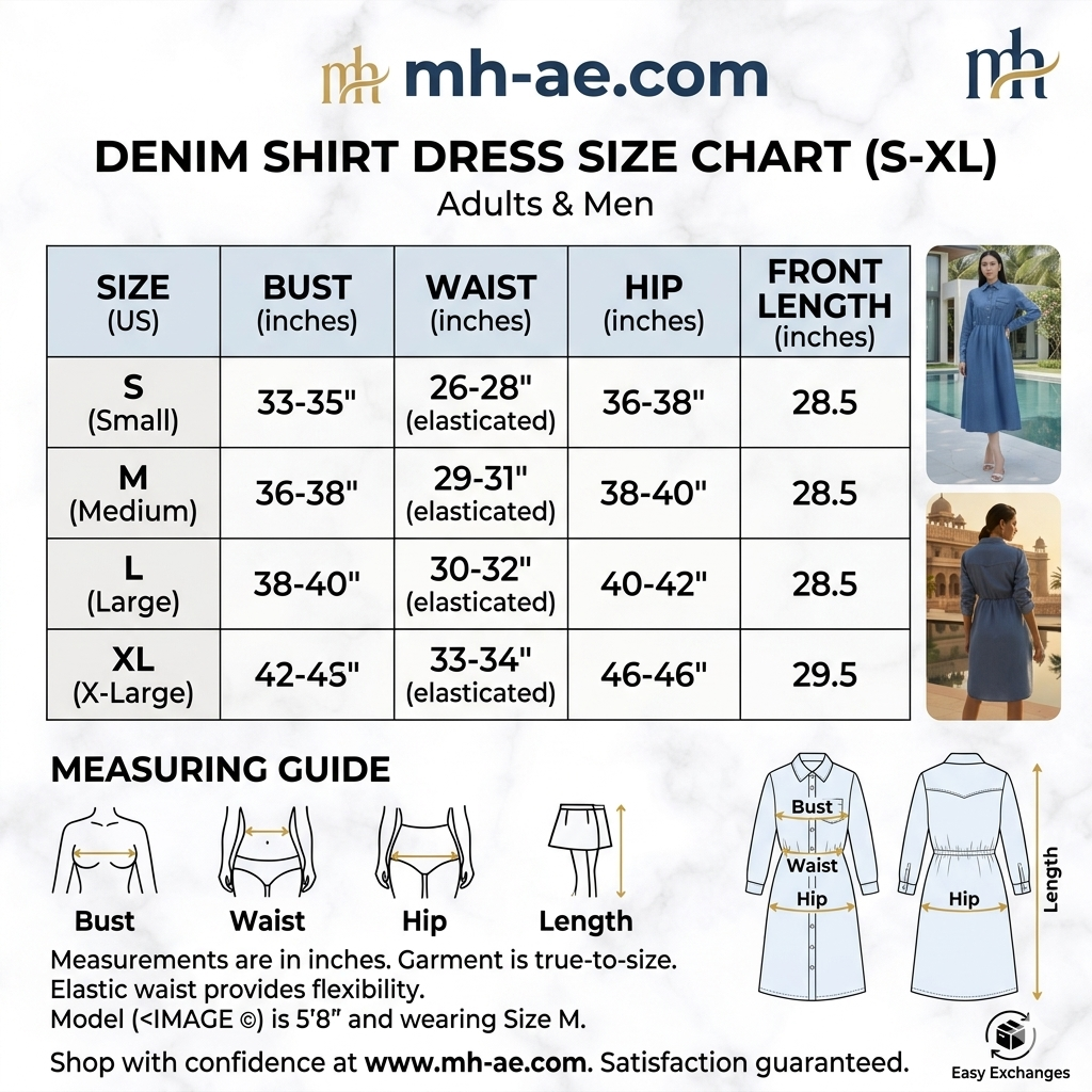 Elegant Denim Midi Shirt Dress for Women – Long Sleeve Button-Down with Elastic Waist (S-XL) | MH