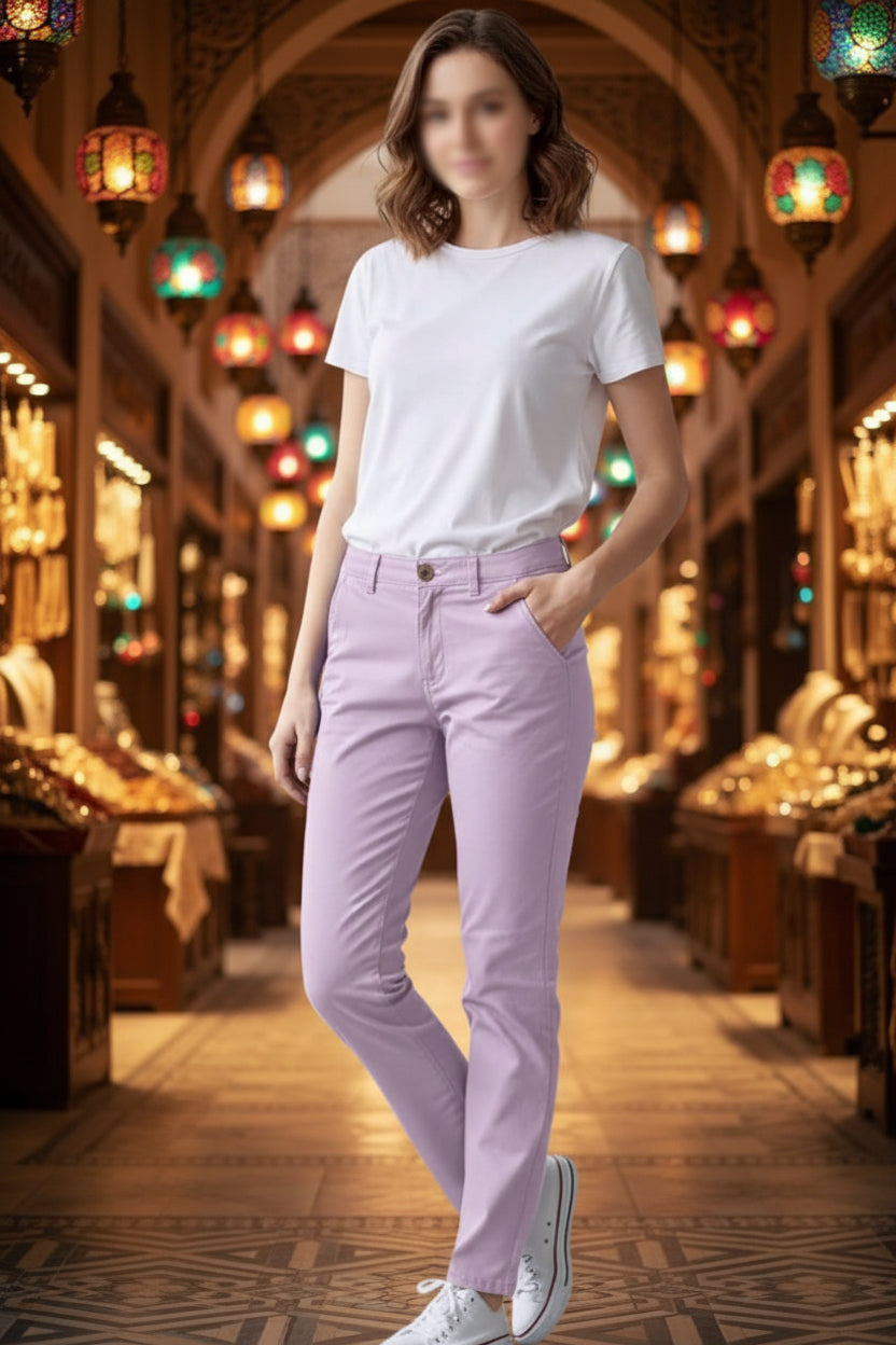 Women’s Lavender Slim Fit Chino Trousers | Stretch Cotton Casual Smart Pants | Sizes 26”–36”| MH