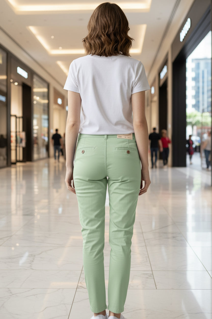 Women’s Casual Leaf Green Chino Trousers Slim Leg Pockets Slim Fit Cotton Pants | Sizes 26-36 Inch | MH