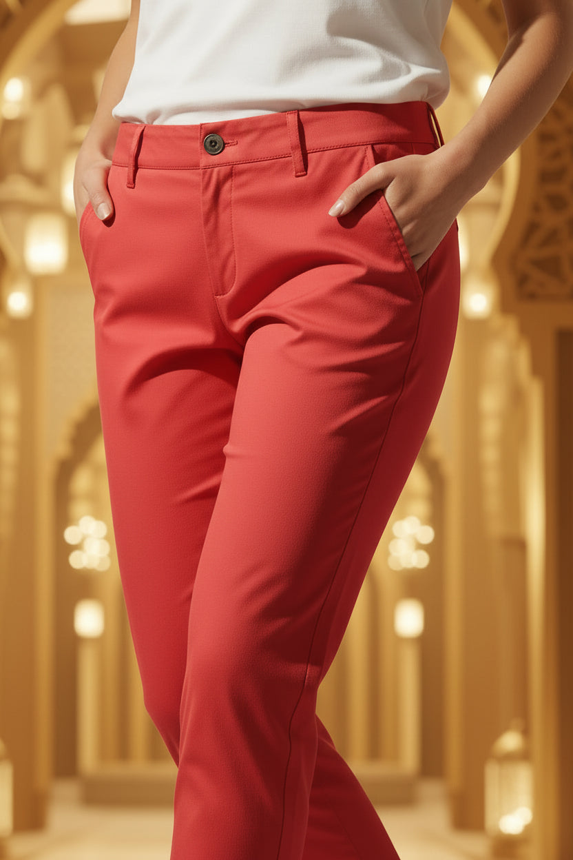 Women’s Red Slim Fit Chino Cotton Casual Smart Pants | Sizes 26”–36” | MH