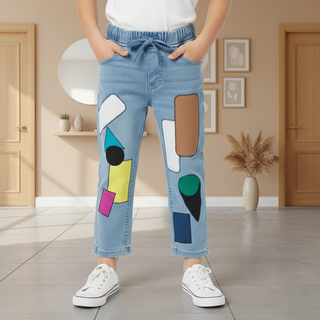 "Boys’ Blue Denim Joggers with Colorful Geometric Patchwork Design, Sizes (1-12Years) | MH