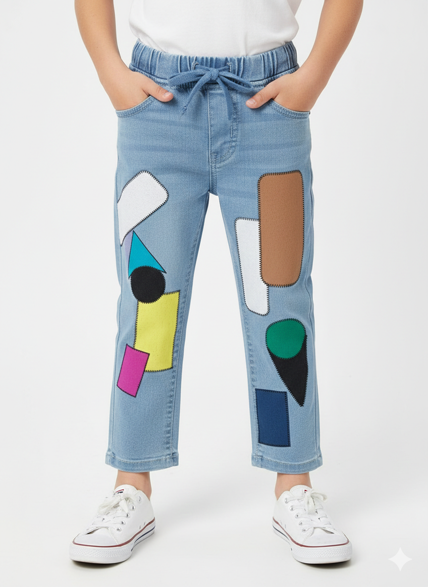 "Boys’ Blue Denim Joggers with Colorful Geometric Patchwork Design/MH