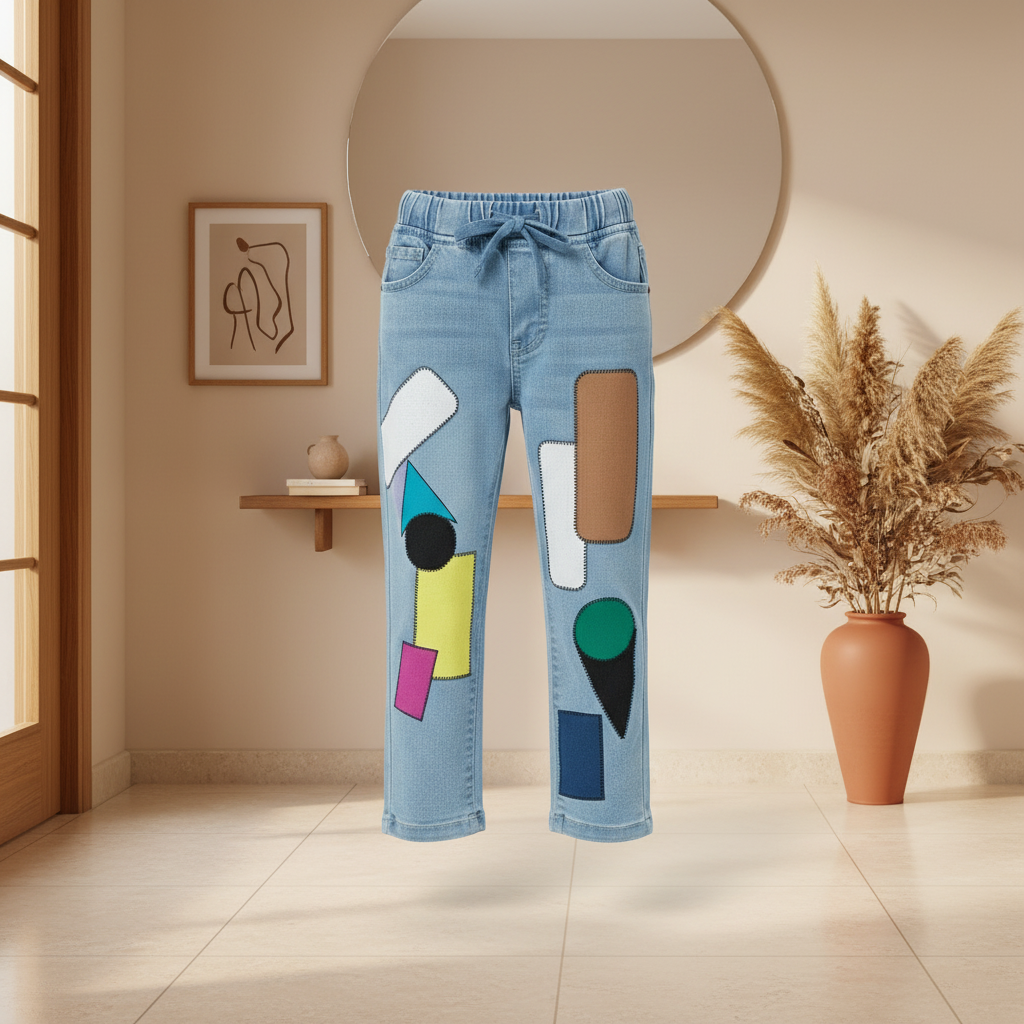 "Boys’ Blue Denim Joggers with Colorful Geometric Patchwork Design, Sizes (1-12Years) | MH