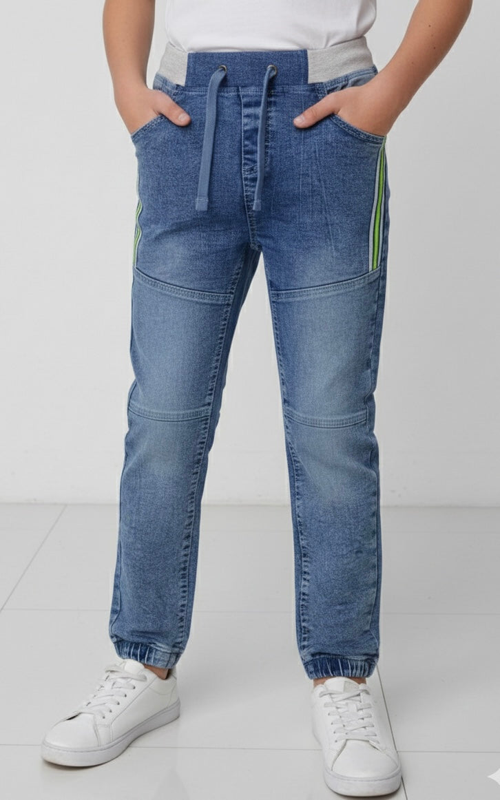 Kid's Denim Joggers with Contrast Waistband and Side Stripe Detail I MH