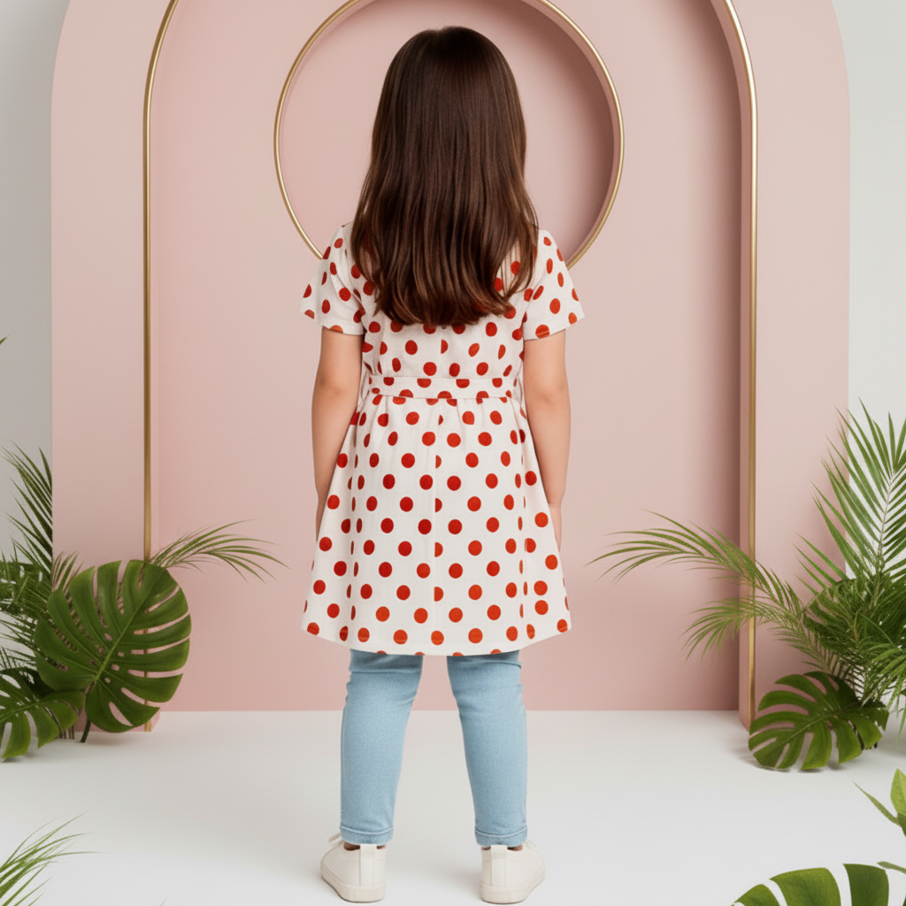 Girls' Polka Dot Tunic Top – Short Sleeve Tie-Waist Blouse (Ages 2-12) I MH
