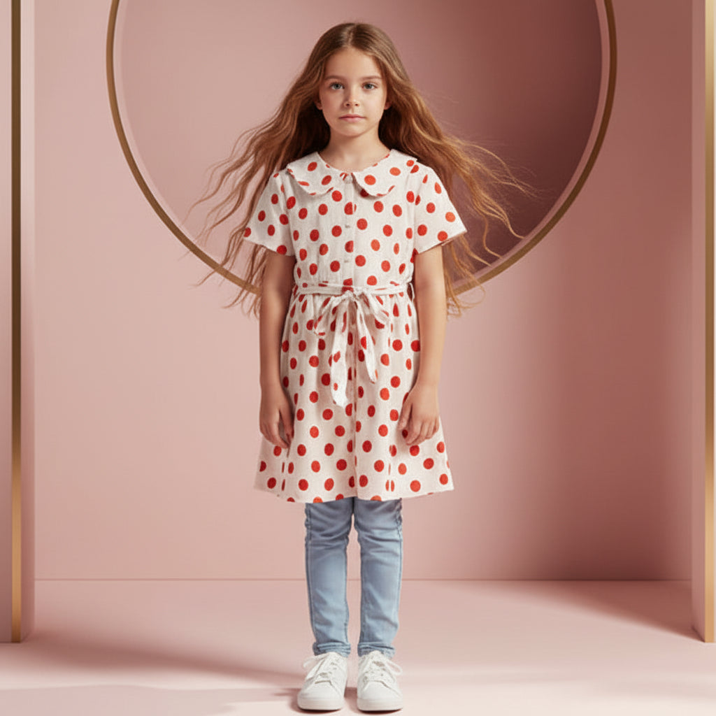 Girls' Polka Dot Tunic Top – Short Sleeve Tie-Waist Blouse (Ages 2-12) I MH