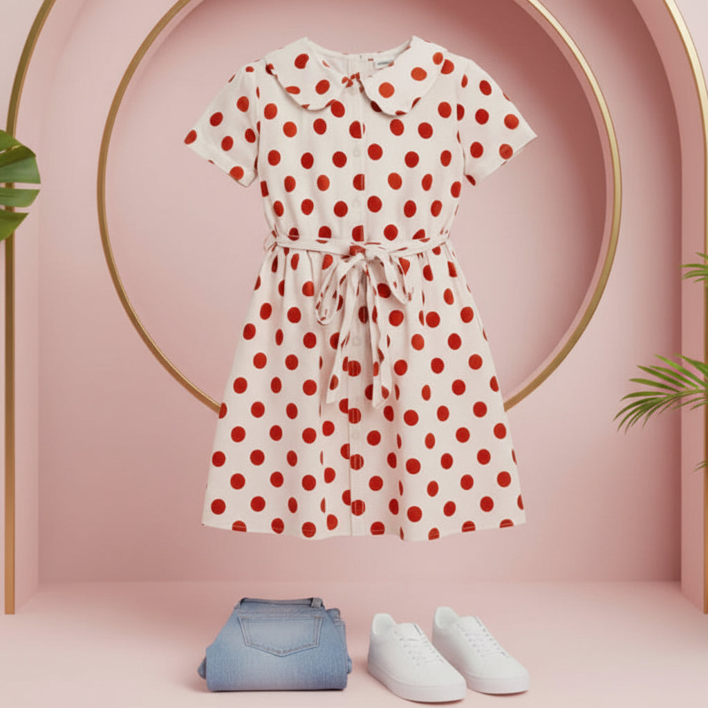 Girls' Polka Dot Tunic Top – Short Sleeve Tie-Waist Blouse (Ages 2-12) I MH