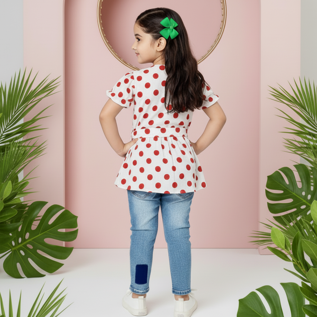 Girls' Polka Dot Tunic Top – Short Sleeve Tie-Waist Blouse (Ages 2-12) I MH