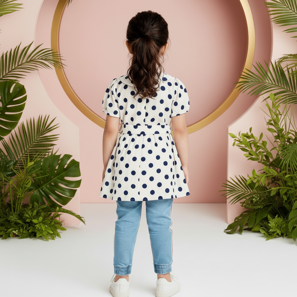 Girls' Polka Dot Tunic Top – Short Sleeve Tie-Waist Blouse (Ages 2-12) I MH