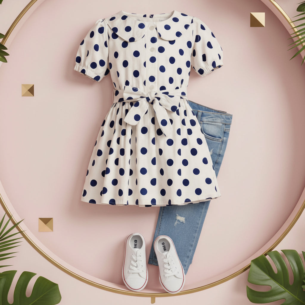Girls' Polka Dot Tunic Top – Short Sleeve Tie-Waist Blouse (Ages 2-12) I MH