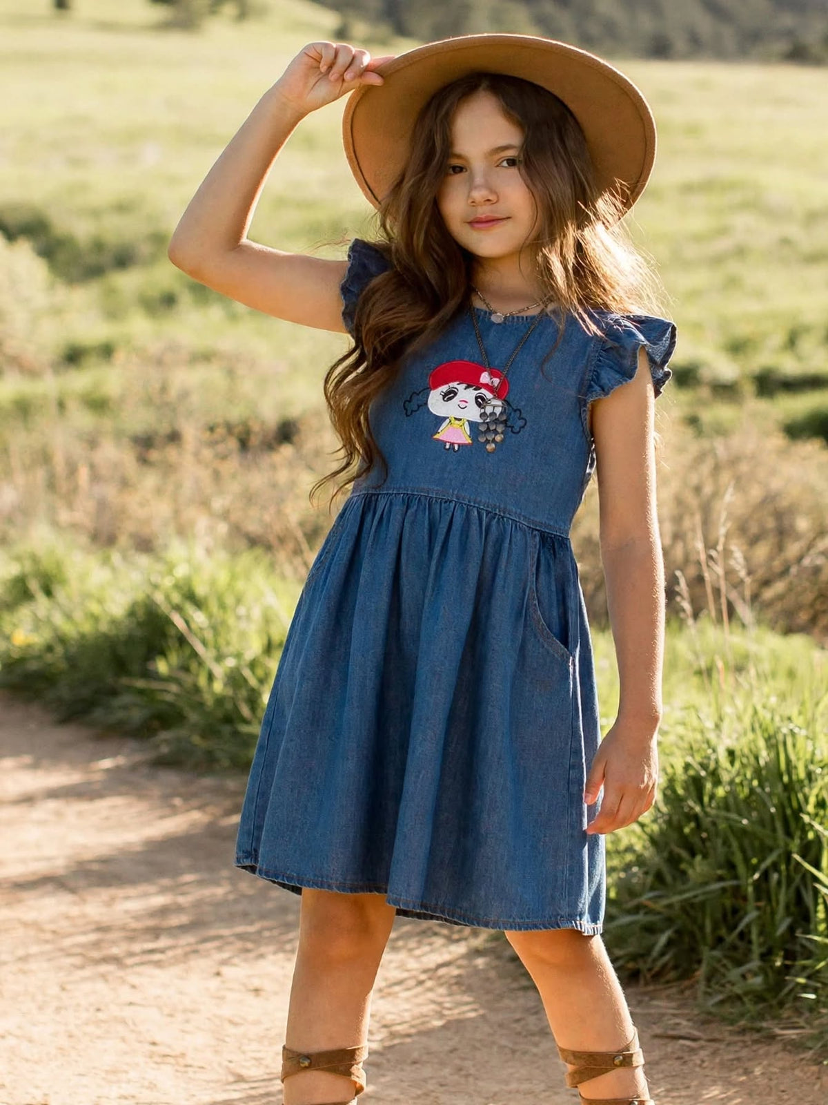 Girls' Denim Flutter Sleeve Dress – Embroidered Character A-Line Summer Dress (1-6 Years) | MH