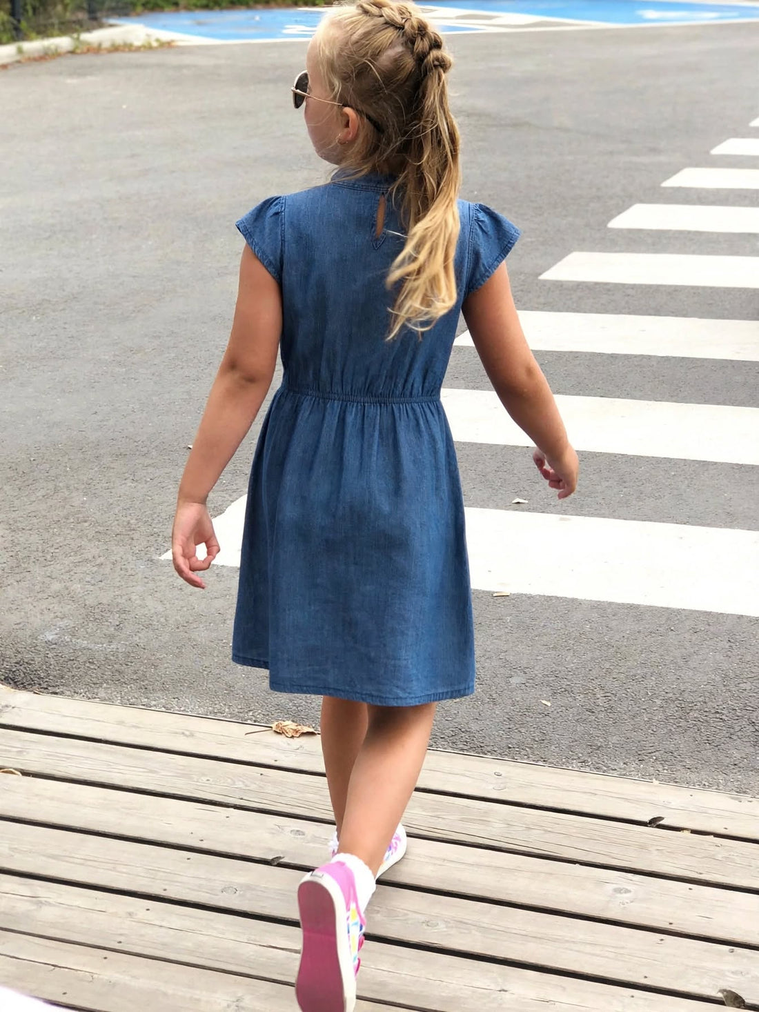 Girls Blue Denim Cap Sleeve Casual Dress with Elastic Waist (2–12 Years)