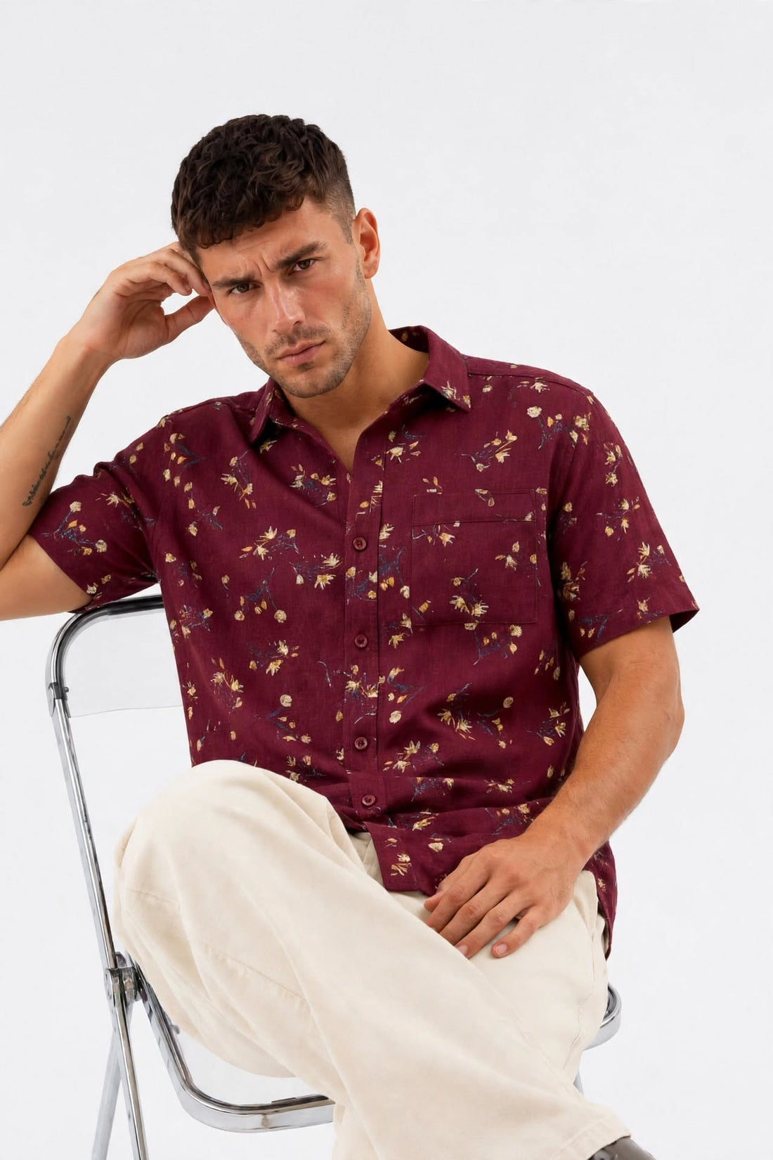 Men’s Burgundy Wine Scattered Floral Print Short Sleeve Shirt | Gold & Blue Ditsy Print Slim Fit | Sizes S–XL | MH