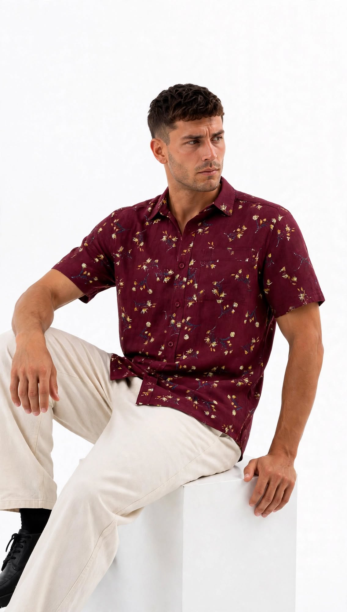 Men’s Burgundy Wine Scattered Floral Print Short Sleeve Shirt | Gold & Blue Ditsy Print Slim Fit | Sizes S–XL | MH