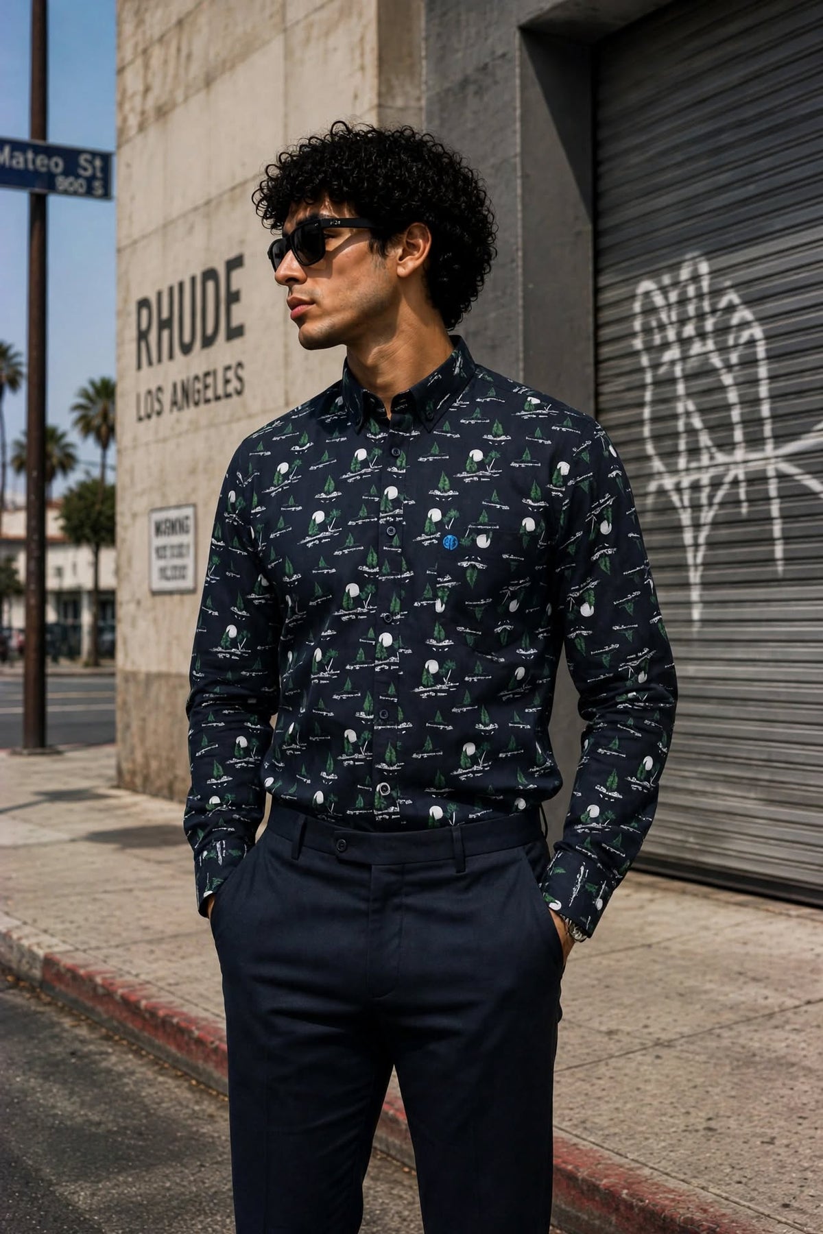Men's Navy Blue Patterned Shirt - Sailboat & Green Tree Print (Sizes S-XXL) | MH