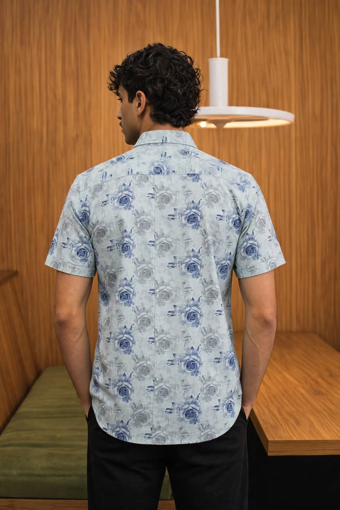 Men’s Light Blue Rose Floral Print Short Sleeve Shirt | Slim Fit Soft Cotton Smart Casual | Sizes S–XL | MH
