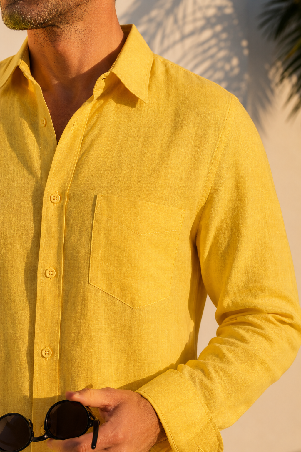 Premium Men’s Yellow Linen-Cotton Long Sleeve Shirt - Breathable Summer Wear