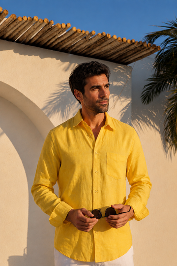 Premium Men’s Yellow Linen-Cotton Long Sleeve Shirt - Breathable Summer Wear