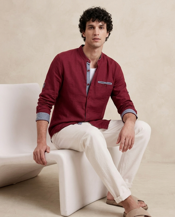 Men's Mandarin Collar Slim-Fit Contrast Detail Casual Cotton Shirt | MH