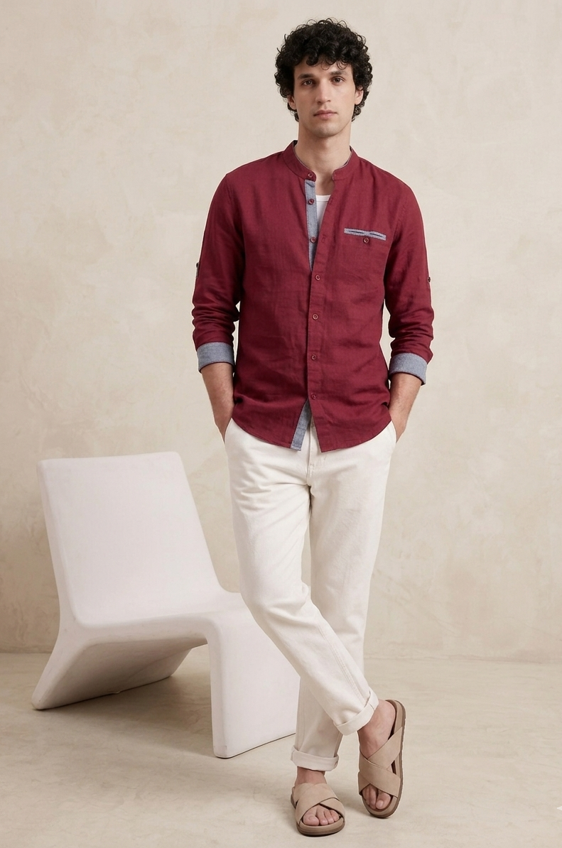 Men's Mandarin Collar Slim-Fit Contrast Detail Casual Cotton Shirt | MH