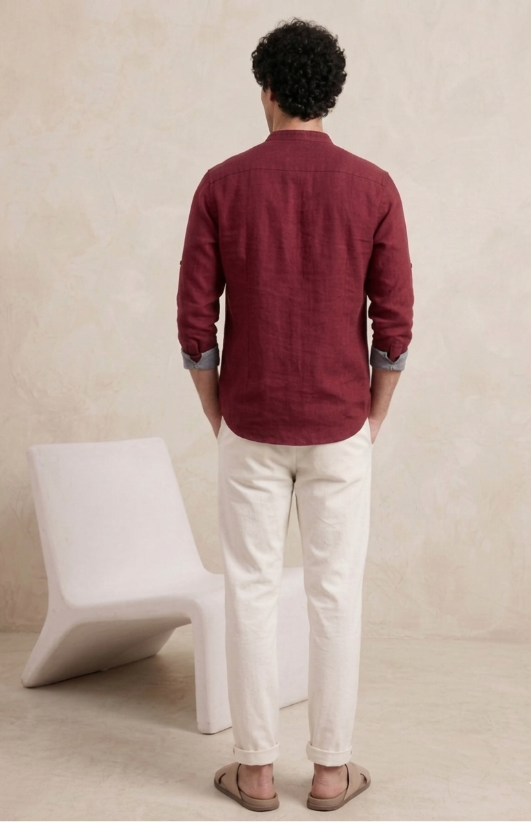 Men's Mandarin Collar Slim-Fit Contrast Detail Casual Cotton Shirt | MH