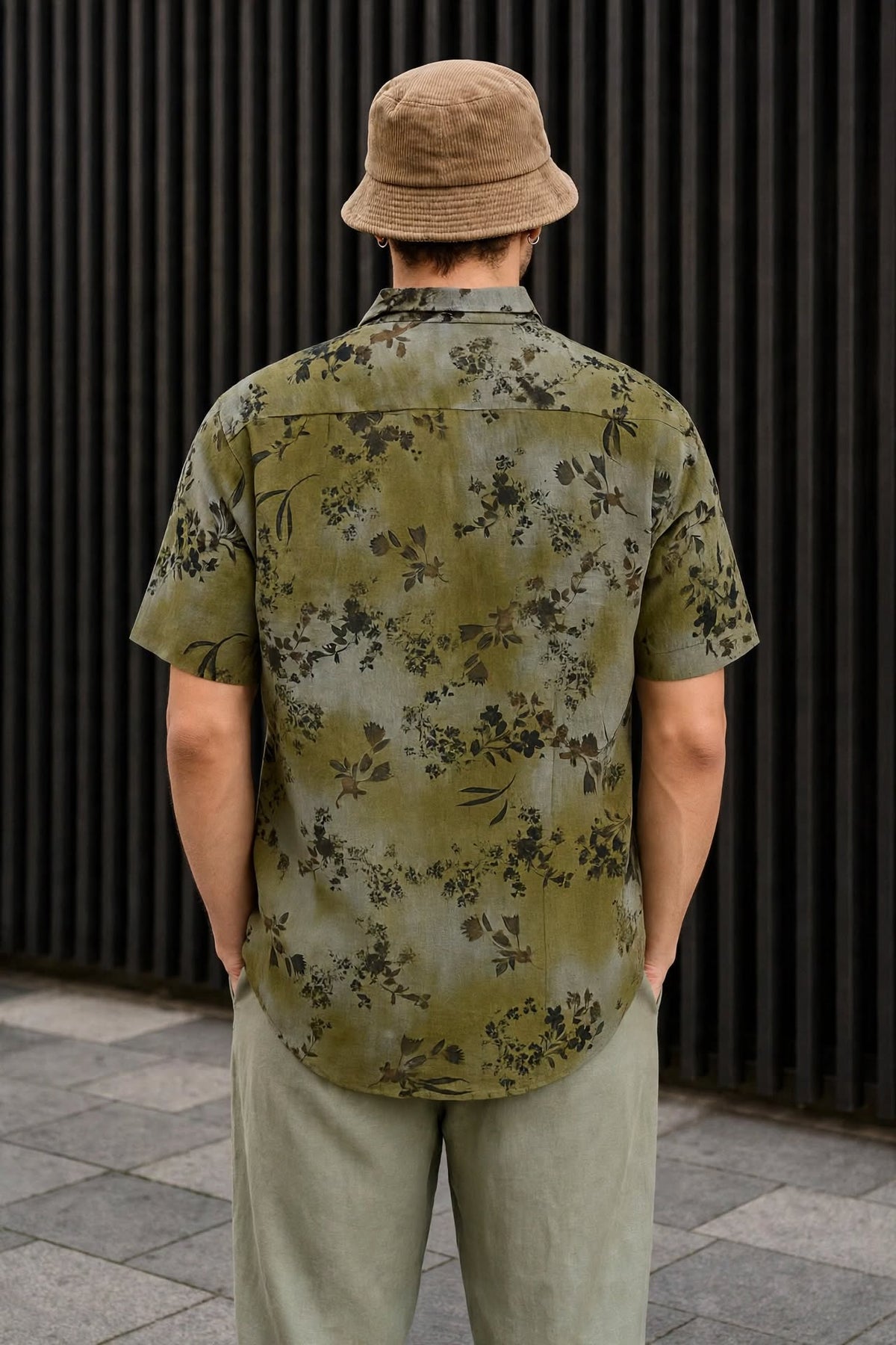 Men’s Olive Green Dark Floral Shadow Print Short Sleeve Shirt | Slim Fit Premium Cotton Smart Casual | Sizes S–XL | MH