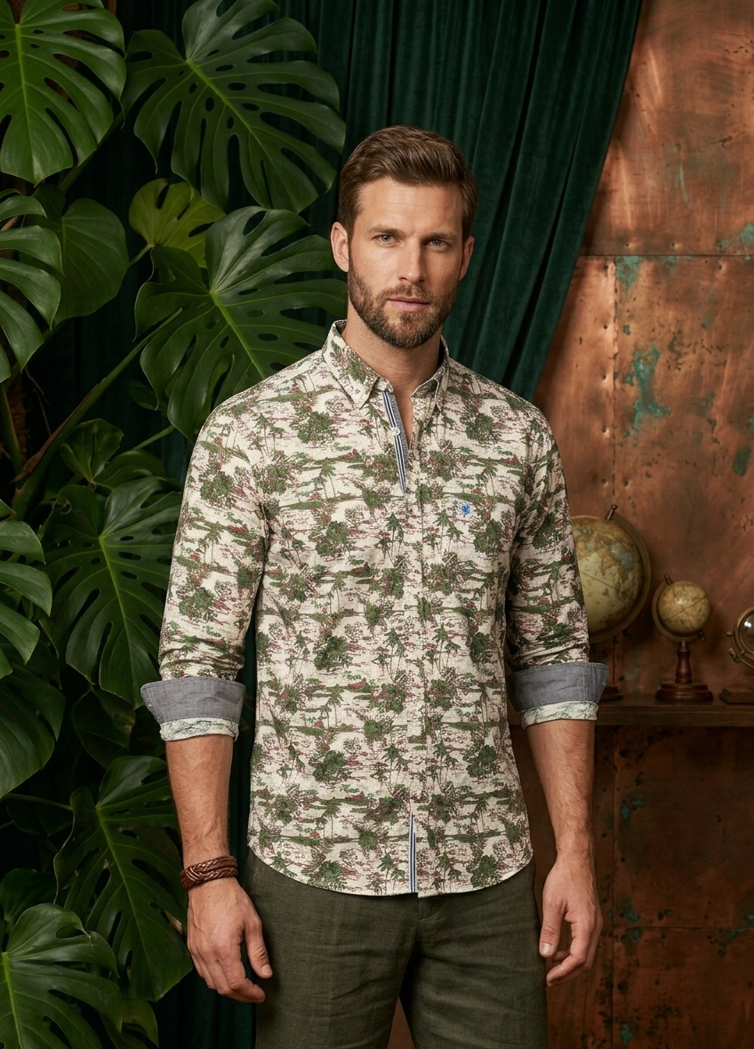 Men's Sage Green Urban Landscape Print Shirt | MH