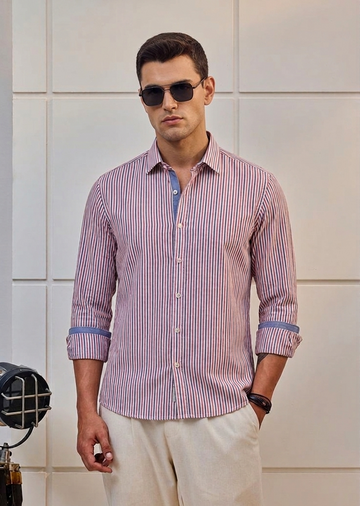 Men's Slim Fit Vertical Striped Cotton Long Sleeve Shirt | MH
