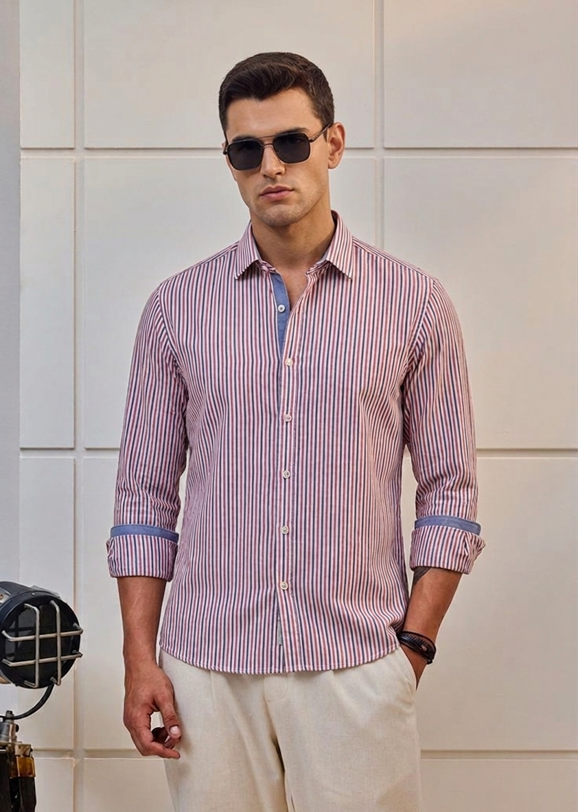 Men's Slim Fit Vertical Striped Cotton Long Sleeve Shirt | MH