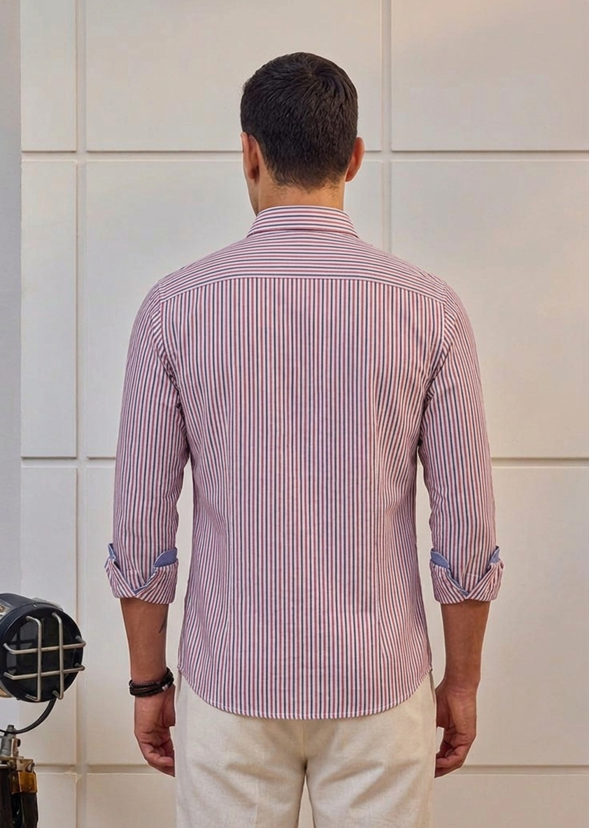 Men's Slim Fit Vertical Striped Cotton Long Sleeve Shirt | MH