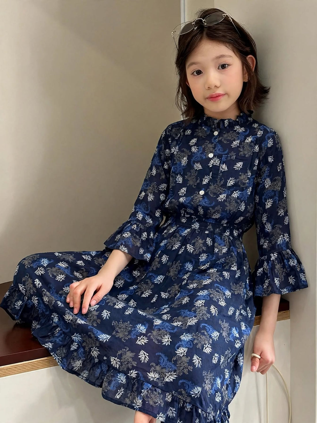 Girls' Floral Long Sleeve Flare Dress – Ruffle Cuff Cotton Party Dress (2-12 Years) | MH