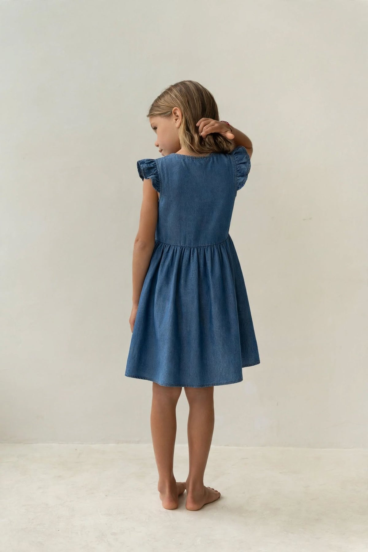 Girls Soft Denim Knee-Length Dress – Lightweight Flutter Sleeve Summer Outfit | Sizes (1-6Years) MH
