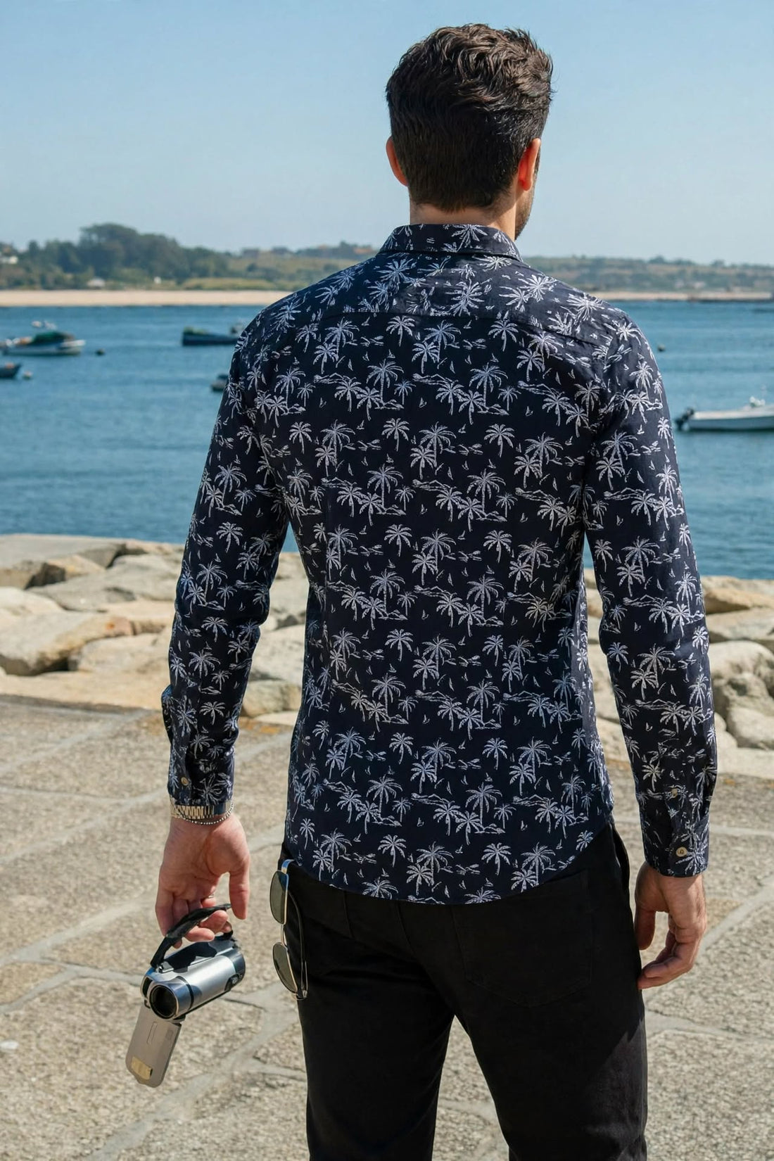 Men's Navy Blue Palm Tree Print Shirt | Tropical Smart-Casual Button-Down (Sizes S-XL) | MH