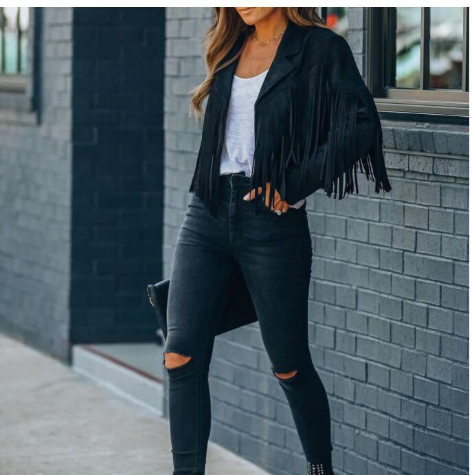 New women Motor Biker Cardigan OutwearsFaux Suede Tassel Jacket.