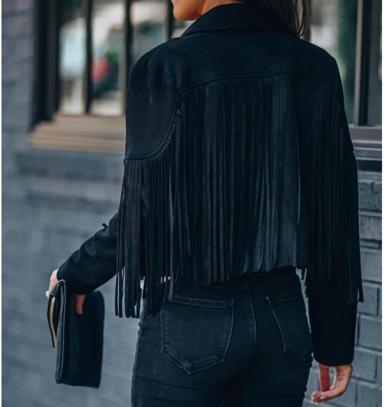 New women Motor Biker Cardigan OutwearsFaux Suede Tassel Jacket.