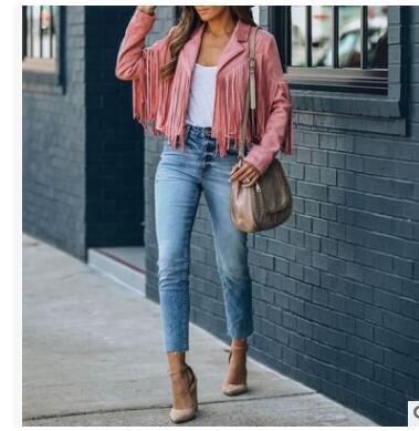New women Motor Biker Cardigan OutwearsFaux Suede Tassel Jacket.